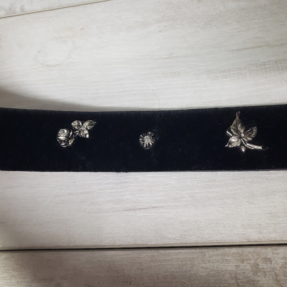 Berge Black Pony Hair Calf Hair Belt Silver Botanical Details Buckle Boho Edgy - Picture 9 of 15